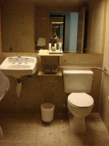 Wheel-Under Sink and Toilet with Grab Bars
